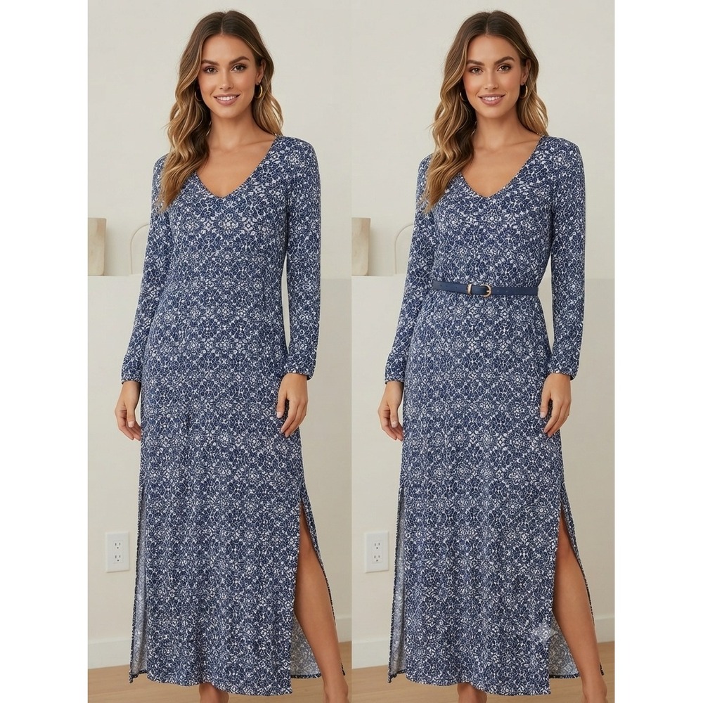 Lulus Maxi Dress Women Small Blue Tile Print Long Sleeve V-Neck Side Slit R64395